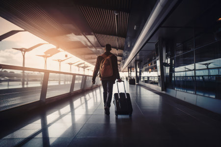 man with suitcase walking in airport terminal. Rear view of a young man with a suitcase. Generative AI.の素材