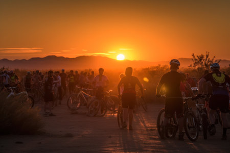 A cyclists races at sunset in difficult cross-country conditions . Generative AIの素材