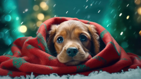 a dog with a warm cozy blanket against the backdrop of Christmas illumination and snow.Generative AIの素材