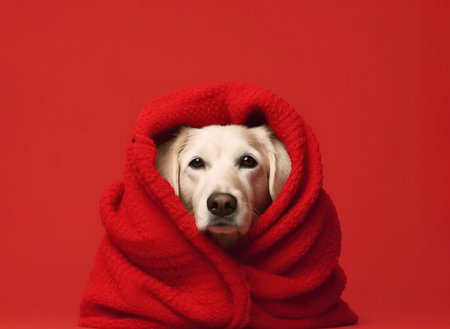 Cute dog with a warm plaid on a red background with space for text.Generative AIの素材