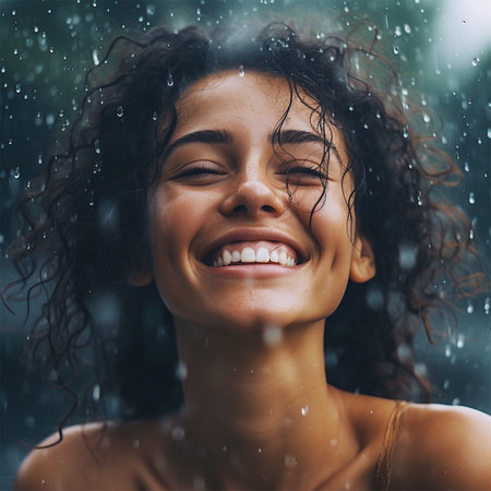 Image of a positive young woman smiling while raining. Cheerful woman enjoying the rain outdoors. emotions.Generative AIの素材