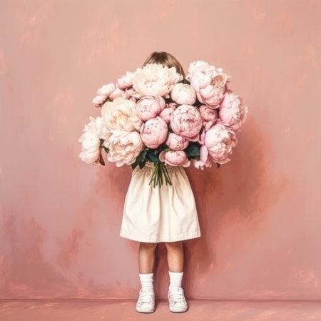 the girl shyly covered her face with a bouquet of peonies on a pink background hand-drawn in watercolor. postcard congratulation. Generative AIの素材