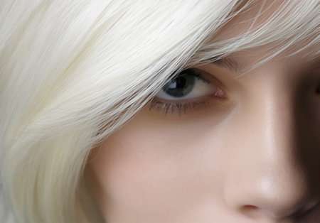 close-up portrait of a blonde woman with perfect white hair color and hairstyle. Banner or poster. Social media content for beauty salons. hair dye color in the catalog. Generative AIの素材