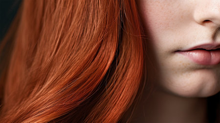 close-up element of portrait of young woman with bright red hair color and hairstyle. Banner or poster. Social media content for beauty salons. hair dye color in the catalog. Generative AIの素材