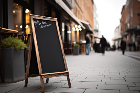 Signboard on the street. Empty menu board stand. Restaurant sidewalk chalkboard sign board. Freestanding A-frame blackboard near outdoor cafe. Copyspace for text, selective focus. Generative AIの素材