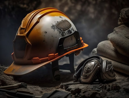 Close-up of a yellow construction helmet at a construction site. Engineering construction concept background, Generative AI.の素材