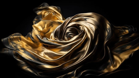 flying black and gold fabric on a black background.Generative AIの素材