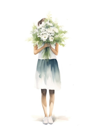 the girl shyly covered her face with a bouquet of flowers on a white background hand-drawn in watercolor. postcard congratulation. Generative AIの素材