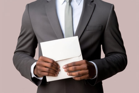 A man in his hands in front of him holds a blank sheet of paper or an envelope.Generative AIの素材
