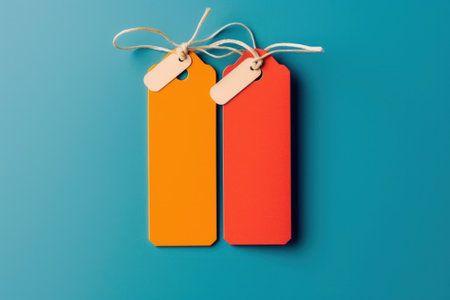 two colored fashion label tag mockups on a colored background. Generative AIの素材