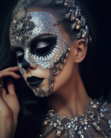 Woman with sugar skull makeup with jewelry. close-up.Dia de los muertos, mexican holiday of the dead Generative AIの素材