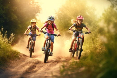 children cyclists rush through the park at sunset . Generative AIの素材