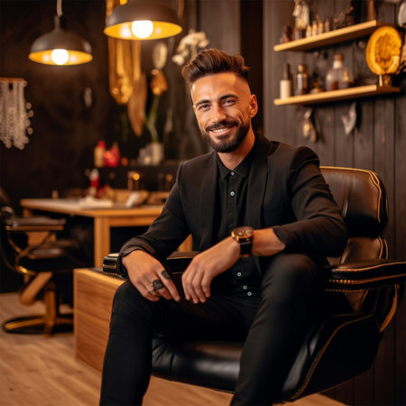 Image portrait of a stylish young man, owner of a business in a barbershop. Generative AIの素材