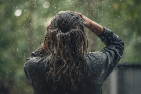 a girl with long hair holds her head with her hands during heavy rain and wind.back view.Generative AIの素材