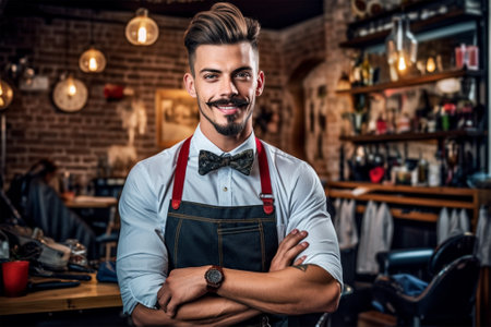 portrait of a stylish young man hairdresser at the workplace in the barbershop. Generative AIの素材