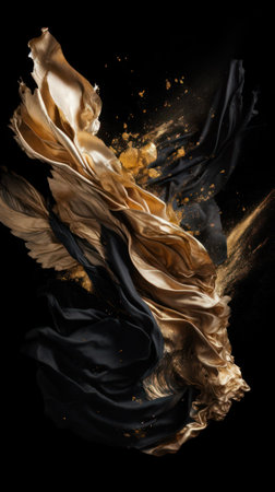 flying black and gold fabric on a black background.Generative AIの素材