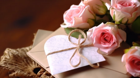 Love letter notebook and pink roses on a wooden table. concept of valentines day or holiday greetings.Generative AIの素材