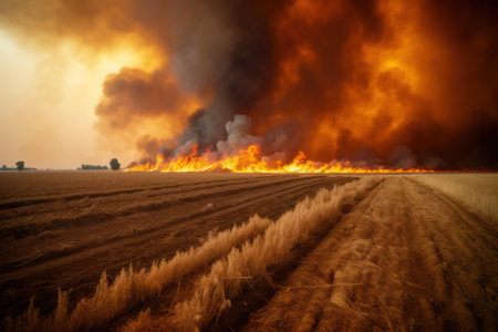 Hot fire burning crops and harvests, a natural disaster. environment concept.Generative AIの素材