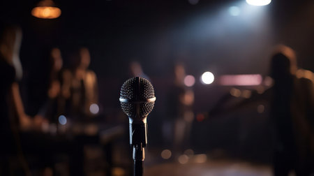 microphone on the stage against the defocused light of the auditorium. Generative AI.の素材