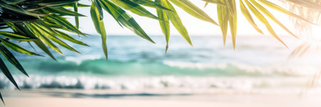 Beautiful tropical beach with white sand, palm trees, turquoise ocean against a blue sky with clouds on a sunny day. Perfect landscape backdrop for a relaxing holiday, island. banner.generative AIの素材