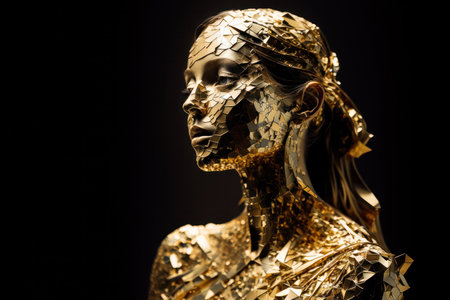 Beauty fashion model girl with golden skin on a black background.Skin of a golden woman. metallic, futuristic abstract image .generative AIの素材