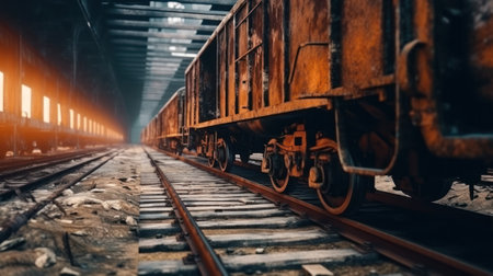 unclaimed rusty freight wagons derailed or on abandoned branches. wartime, crisis, misfortune, disaster. environment and insurance concept.Generative AIの素材