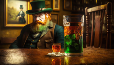 celebration of Saint Patrick Day.cosplay.leprechaun in a top hat with a drink. generative AIの素材