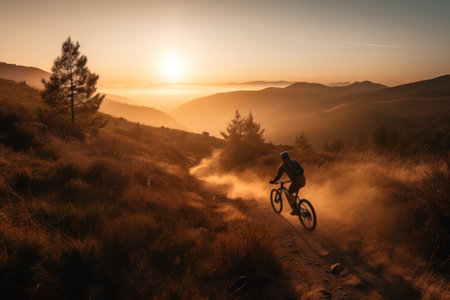 A cyclist races at sunset in difficult cross-country conditions . Generative AIの素材