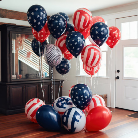 balloons with the flag of the United States of America in an american house. holiday or party.Generative AIの素材