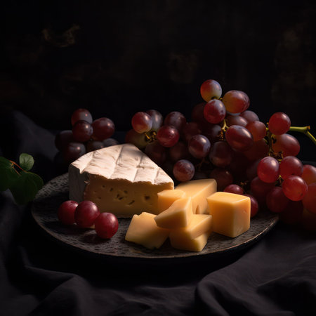 grapes and cheeses on a dark plate on a wooden table .rustic style. Generative AIの素材