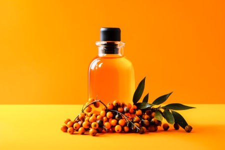 Sea buckthorn oil in a bottle on a blue background, space for text, wallpaper. Generative AIの素材