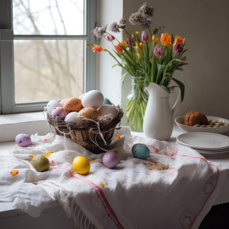 Congratulatory Easter background. Easter eggs on a white tablecloth and flowers in a vase.Generative AIの素材