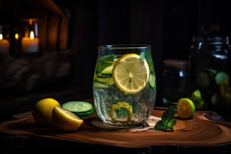 refreshing summer soft drink with lemon and cucumber on a table against a dark background. Generative AIの素材
