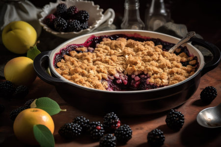 freshly baked raspberry and blackberry pie on a wooden table. rustic style. Generative AIの素材