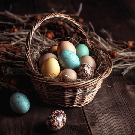 Congratulatory Easter background. Easter eggs in a wicker basket on a wooden table.Generative AIの素材