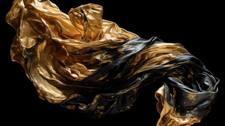 flying black and gold fabric on a black background.Generative AIの素材