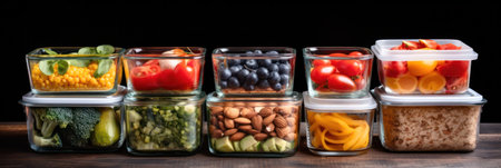Healthy food in glass lunch boxes .portioned dishes in glass containers. Generative AIの素材