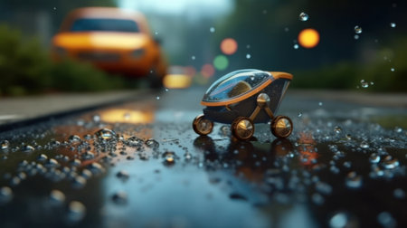a childrens toy lies in the middle on a wet highway in the light of car headlights. The concept of road safety and compliance with the rules.Generative AIの素材