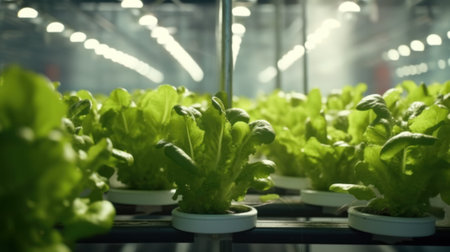 leafy green vegetable in a greenhouse. Small farmers grow green safe vegetables in a network house, greenhouse.Generative AIの素材