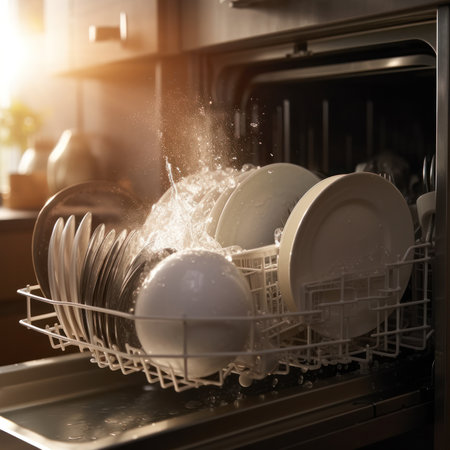 dishwasher filled with dishes in kitchen. Kitchen appliances, lifestyle.Generative AIの素材