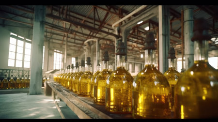 vegetable oil on a conveyor belt are moved to the packaging shop. Consumerism, oil production, automated business, organic products concept.の素材