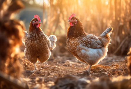 chickens walking around the farm yard. Generative AIの素材