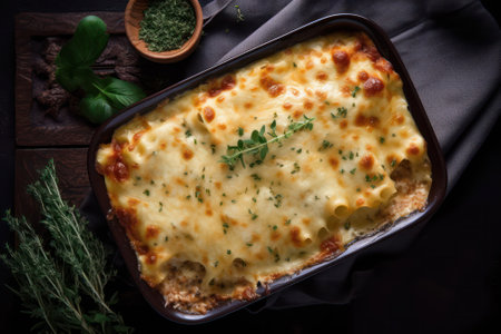 Homemade delicious lasagna with spinach and mushrooms in a baking dish on a stone background. View from above . generative AIの素材
