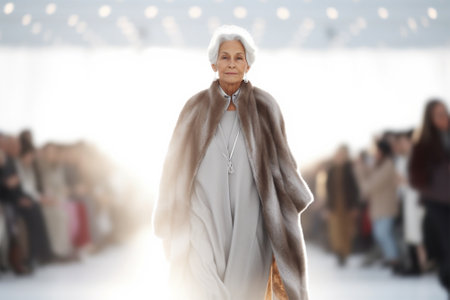 stylish 70 year old an elderly female model walks the runway at a fashion show.Generative AIの素材
