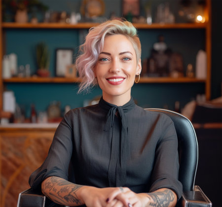 Image portrait of a stylish young woman owner of a beauty salon in the salon. Generative AIの素材