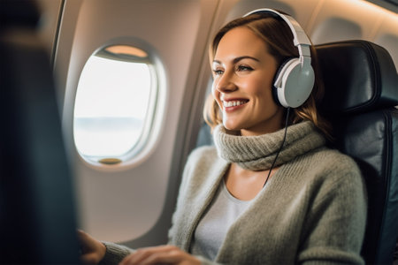 Young woman with laptop and headphones listening to music on the plane during the flight. Generative AIの素材