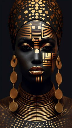 the art of beautifying the body. african american beauty with graphic golden pattern on her face and body. body painting with ethnic motifs and ornament.Banner or poster,Generative AIの素材