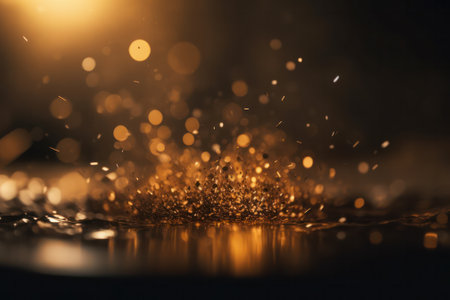 A drop of rain water falls on the floor in heavy rain. Golden lighting, backlight and blurry background. wallpaper.Generative AIの素材