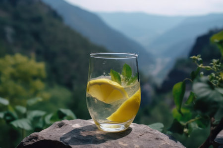 refreshing summer soft drink on the background of nature and mountains. Generative AIの素材