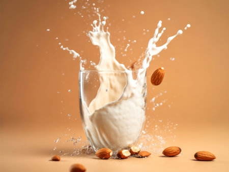 Splash of almond milk with almond nuts isolated on background. Generative AIの素材